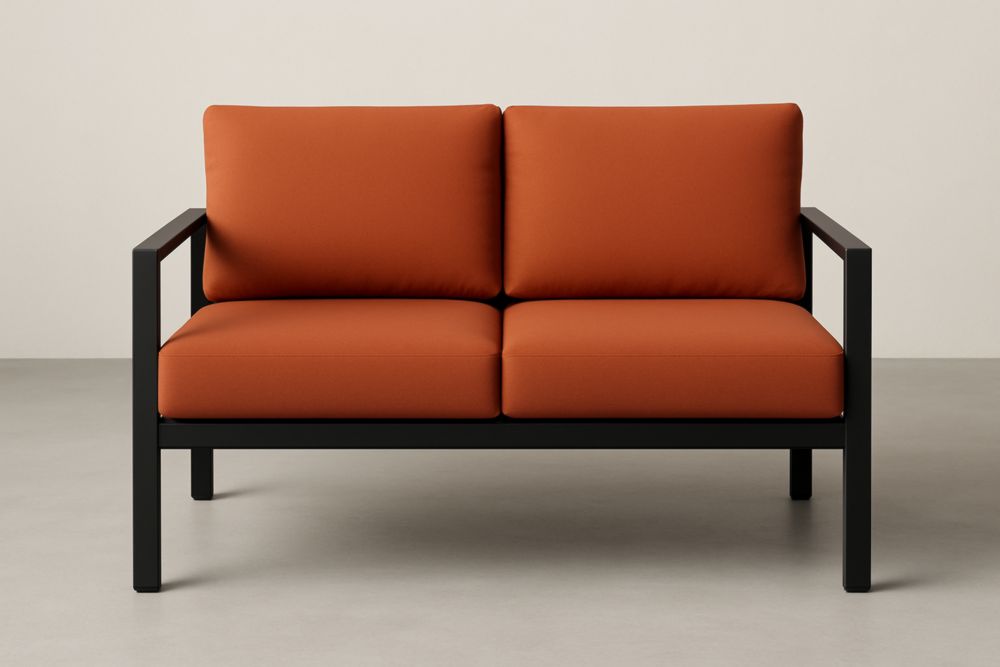 Divano da due posti da giardino con struttura in acciaio e cuscini in tessuto acrilico arancione