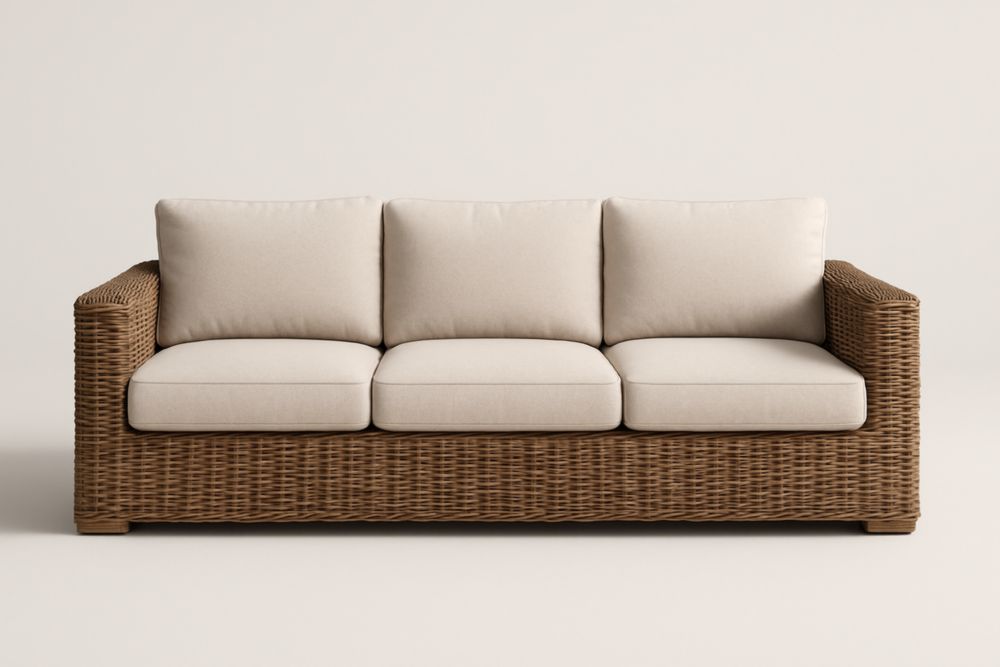 Divano intrecciato da giardino in vimini con cuscini in tessuto poliestere beige