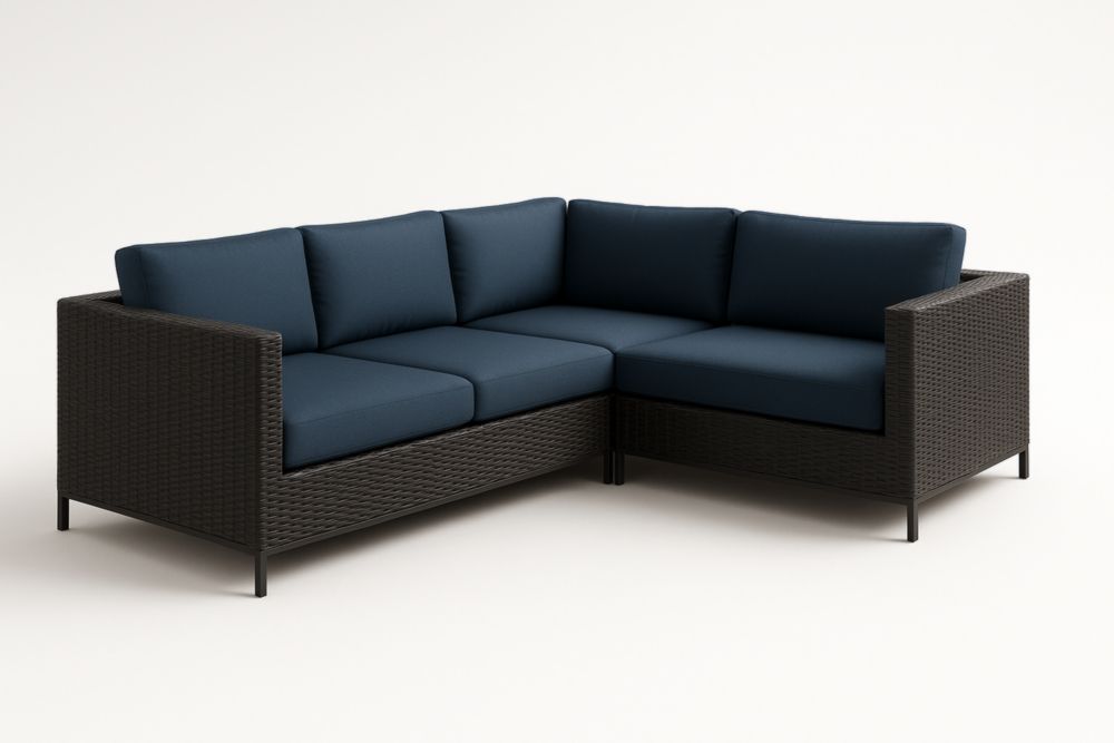 Divano angolare da giardino in rattan con cuscini blu