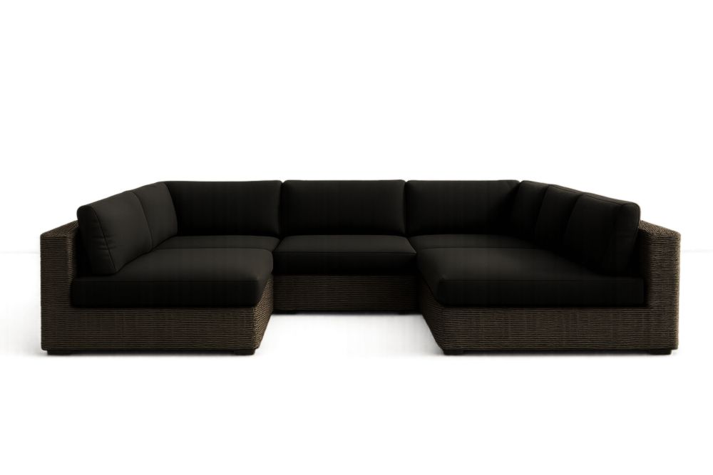 Divano angolare modulare da giardino in rattan sintetico con cuscini neri