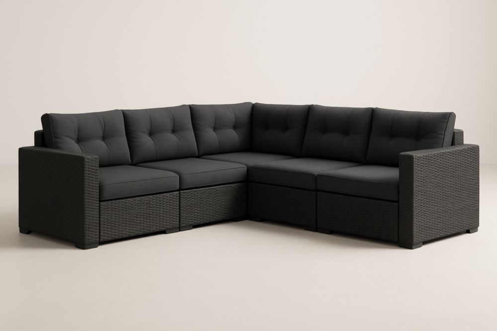 Divano angolare modulare da giardino in rattan sintetico nero con cuscini in poliestere