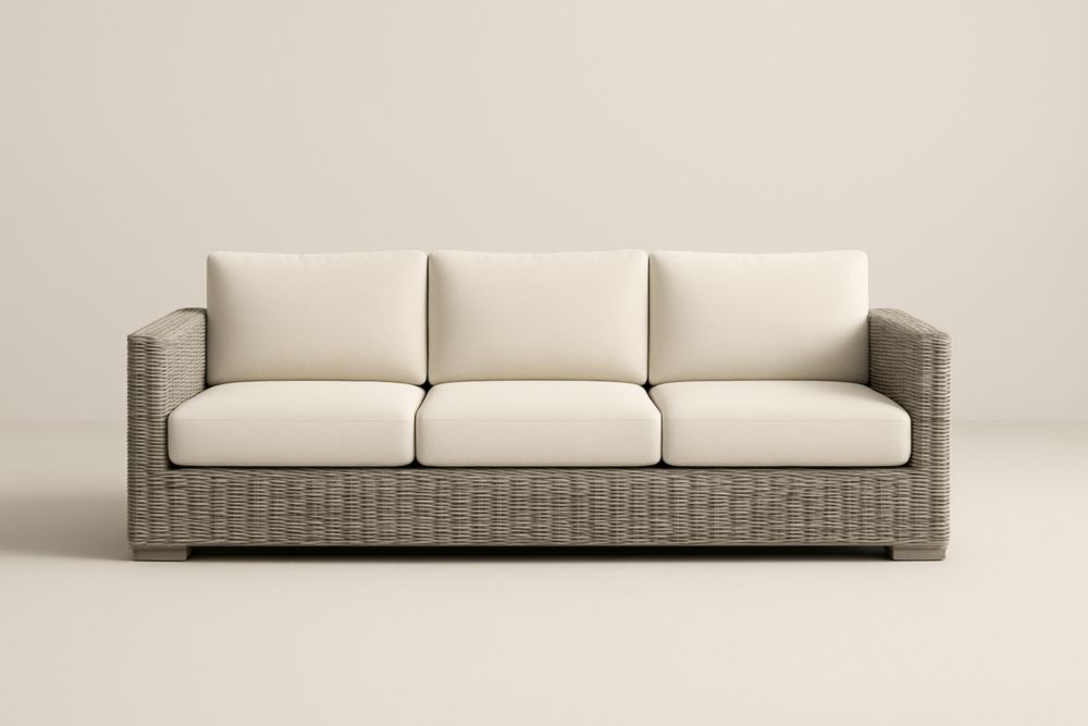 Divano da tre posti da giardino in rattan sintetico grigio con cuscini in poliestere beige