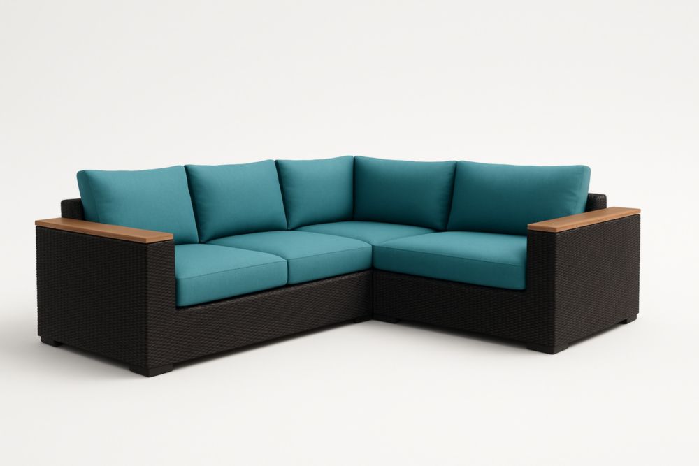 Divano ad angolo da giardino in rattan sintetico con cuscini turchesi