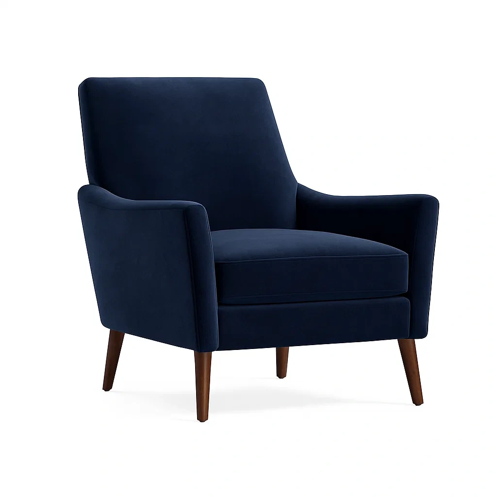 Fauteuil en velours bleu marine avec pieds en bois-Furniflowz