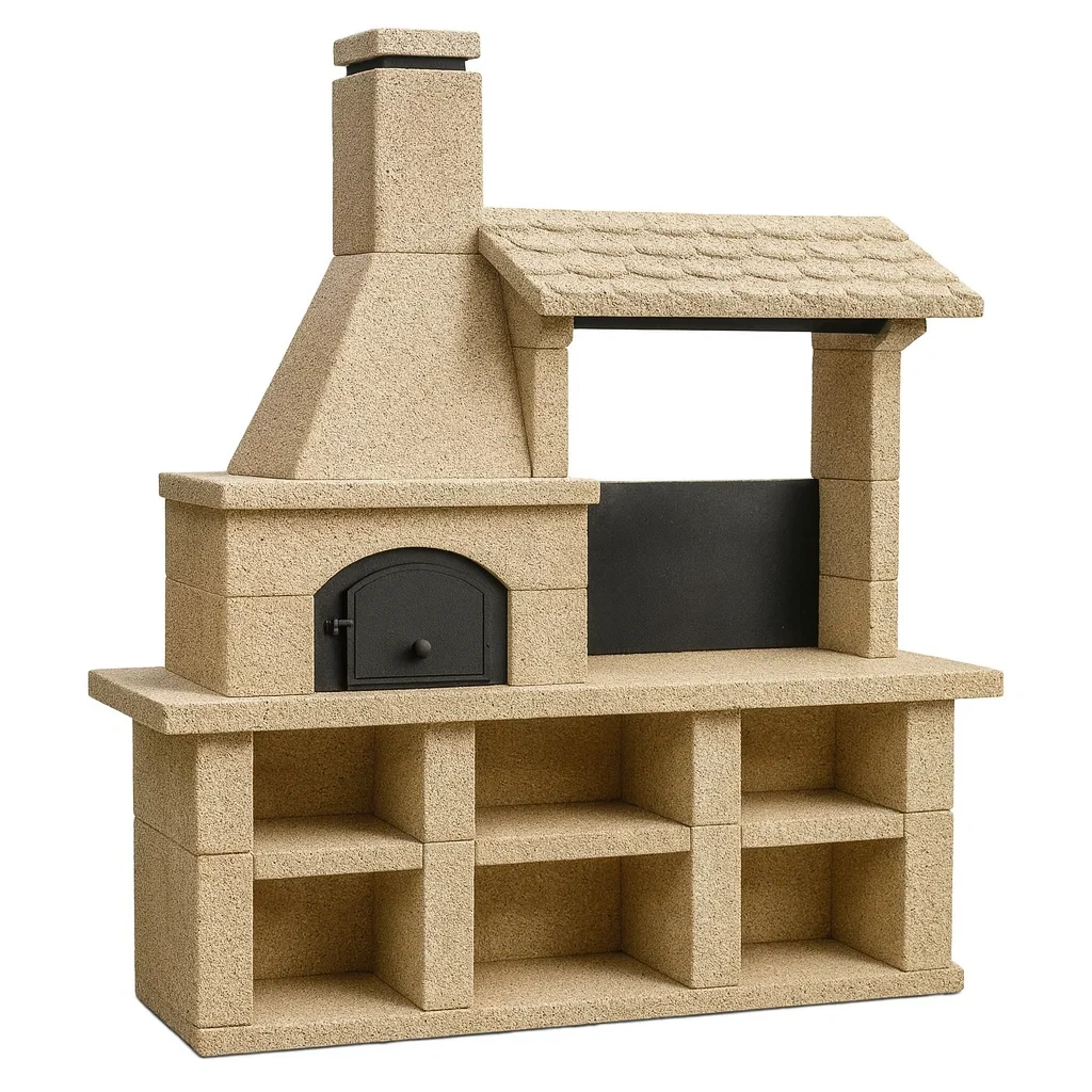 Barbecue beige avec cheminée et rangement-Furniflowz