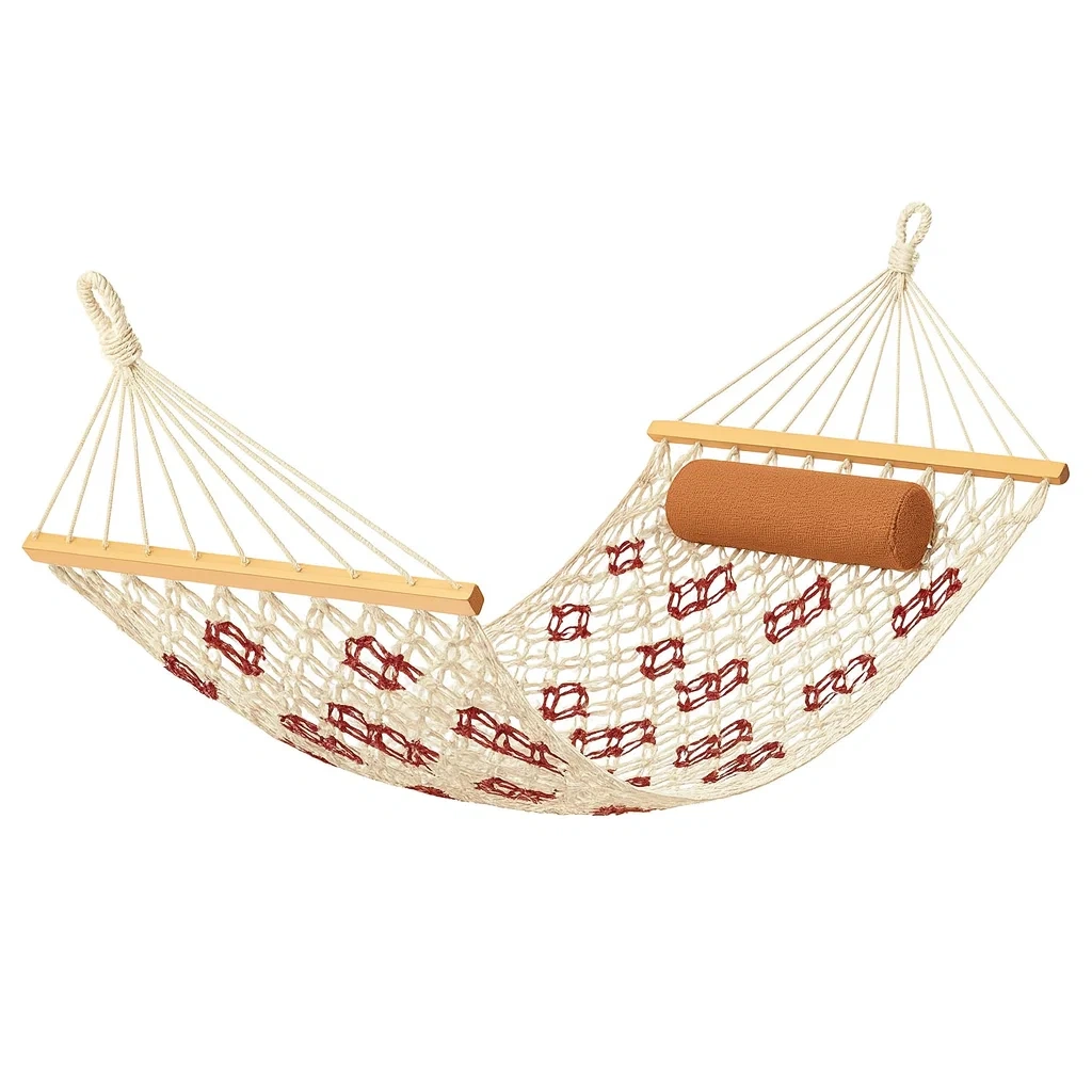 Hamac en coton avec coussin cylindrique rouge et crème-Furniflowz