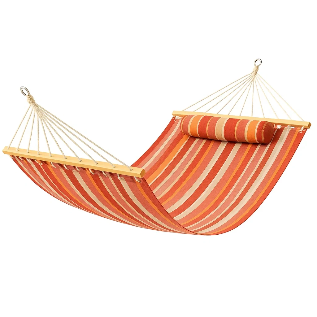 Hamac en bois et polyester rayé rouge/orange 200x150 cm-Furniflowz