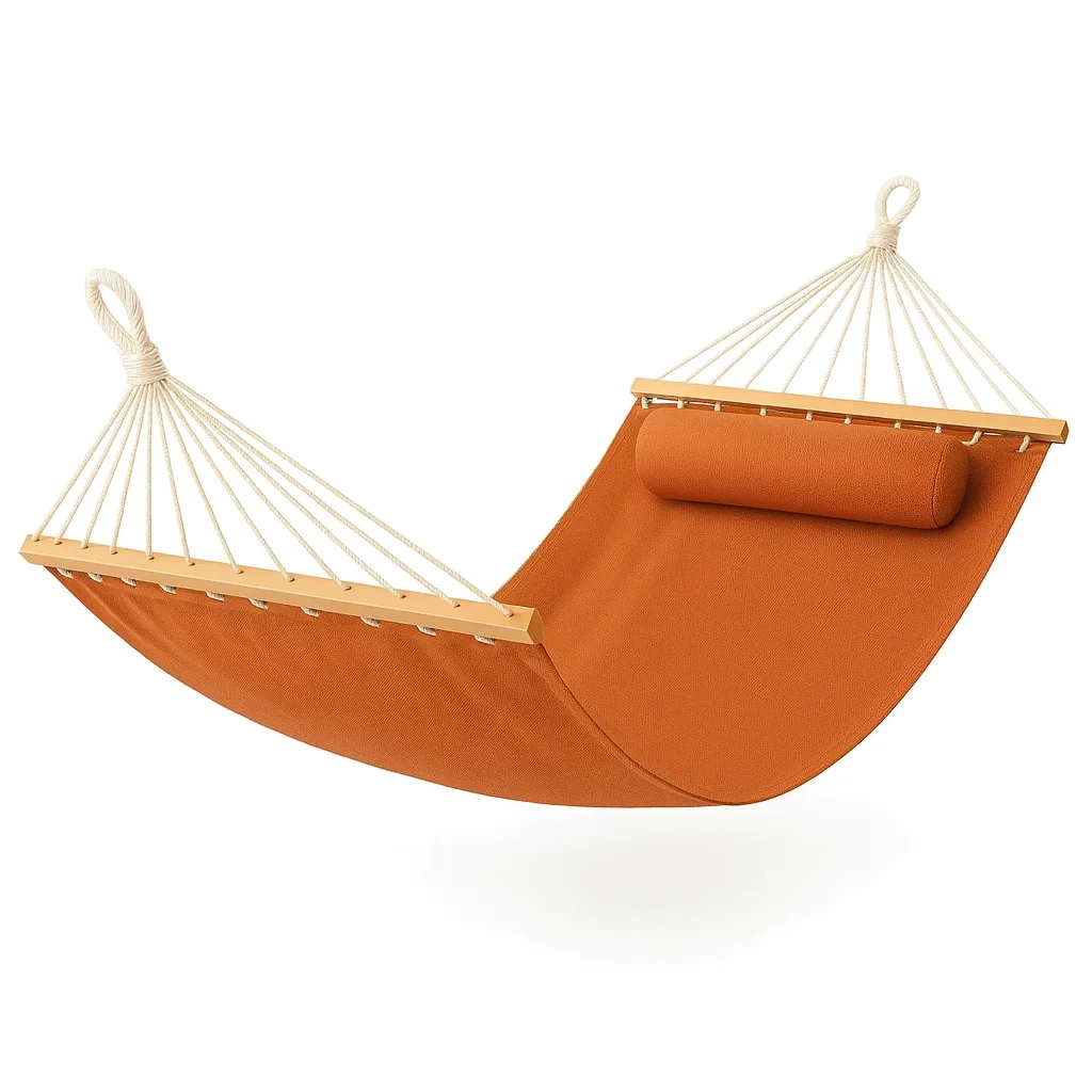 Hamac en toile orange avec coussin et barres en bois-Furniflowz