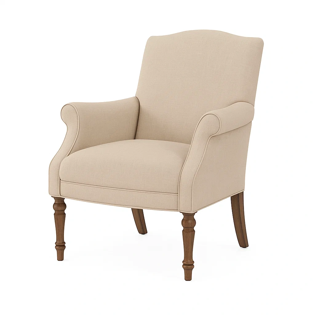 Fauteuil en lin beige avec accoudoirs et pieds en bois-Furniflowz