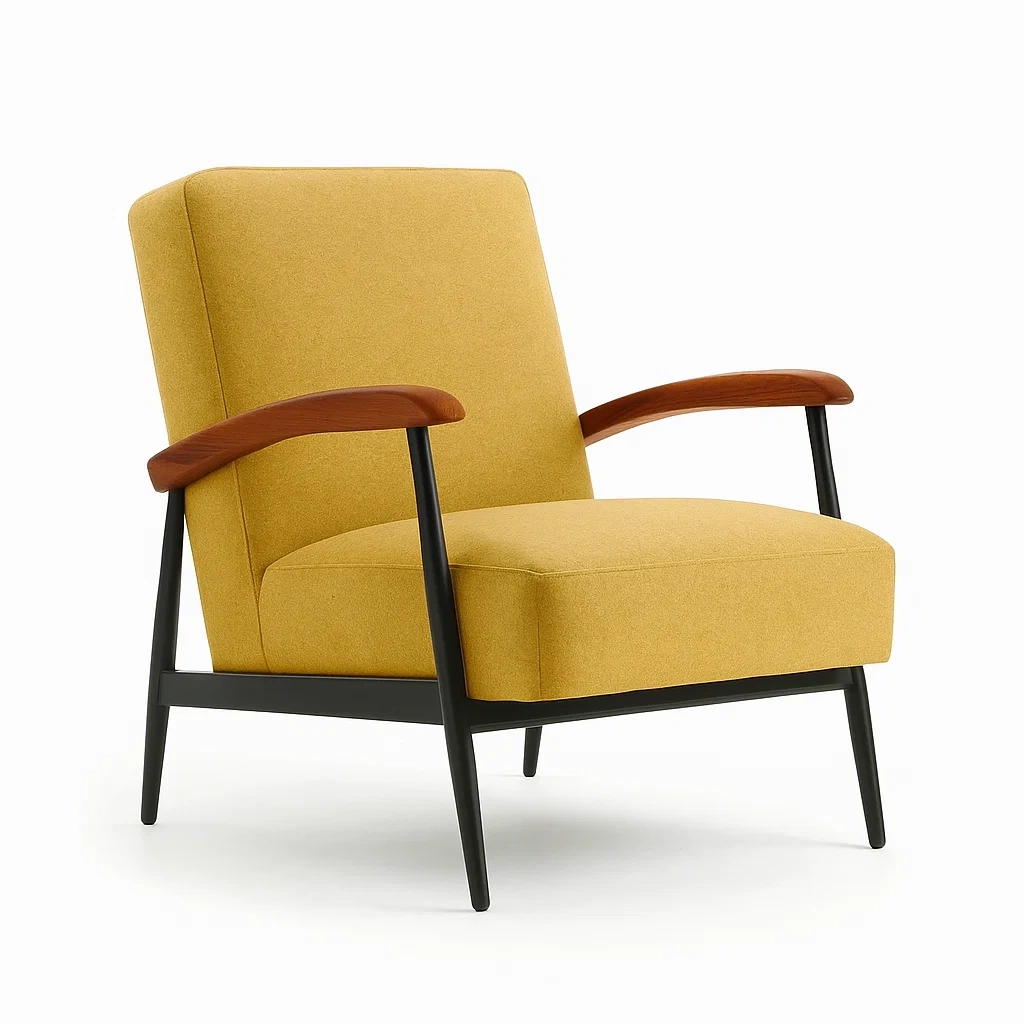Fauteuil en tissu jaune avec piètements métal et accoudoirs bois 75x80x70 cm-Furniflowz