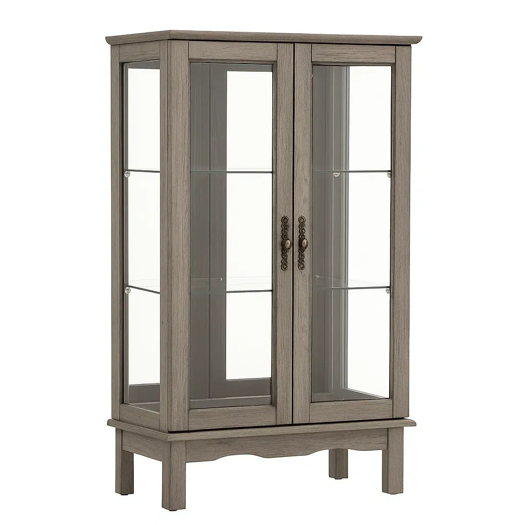 Vitrine en bois de chêne gris avec portes en verre, 2 étagères intérieures-furneasenow