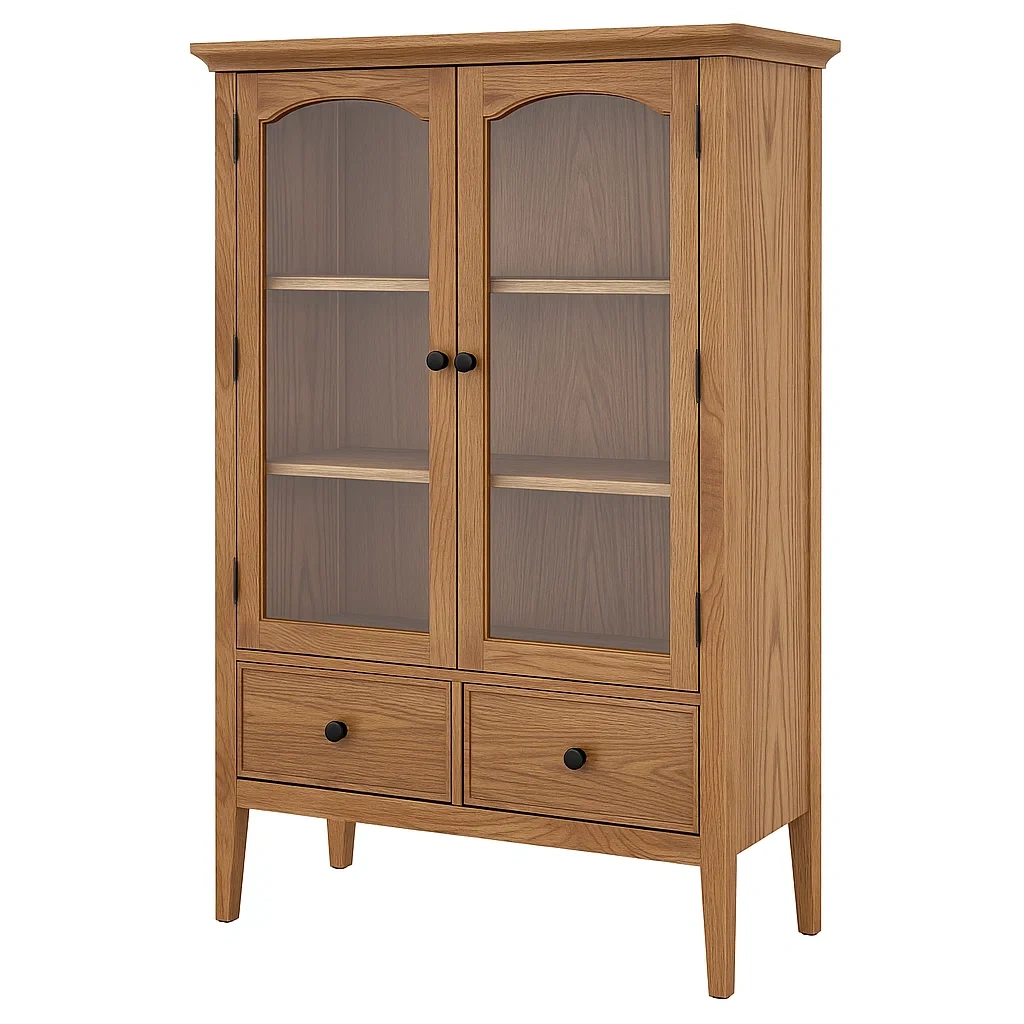 Vitrine en chêne avec portes en verre et tiroirs-furneasenow