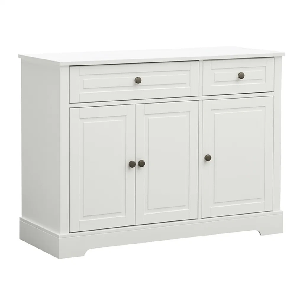 Buffet en bois blanc avec 3 portes et 2 tiroirs-furneasenow