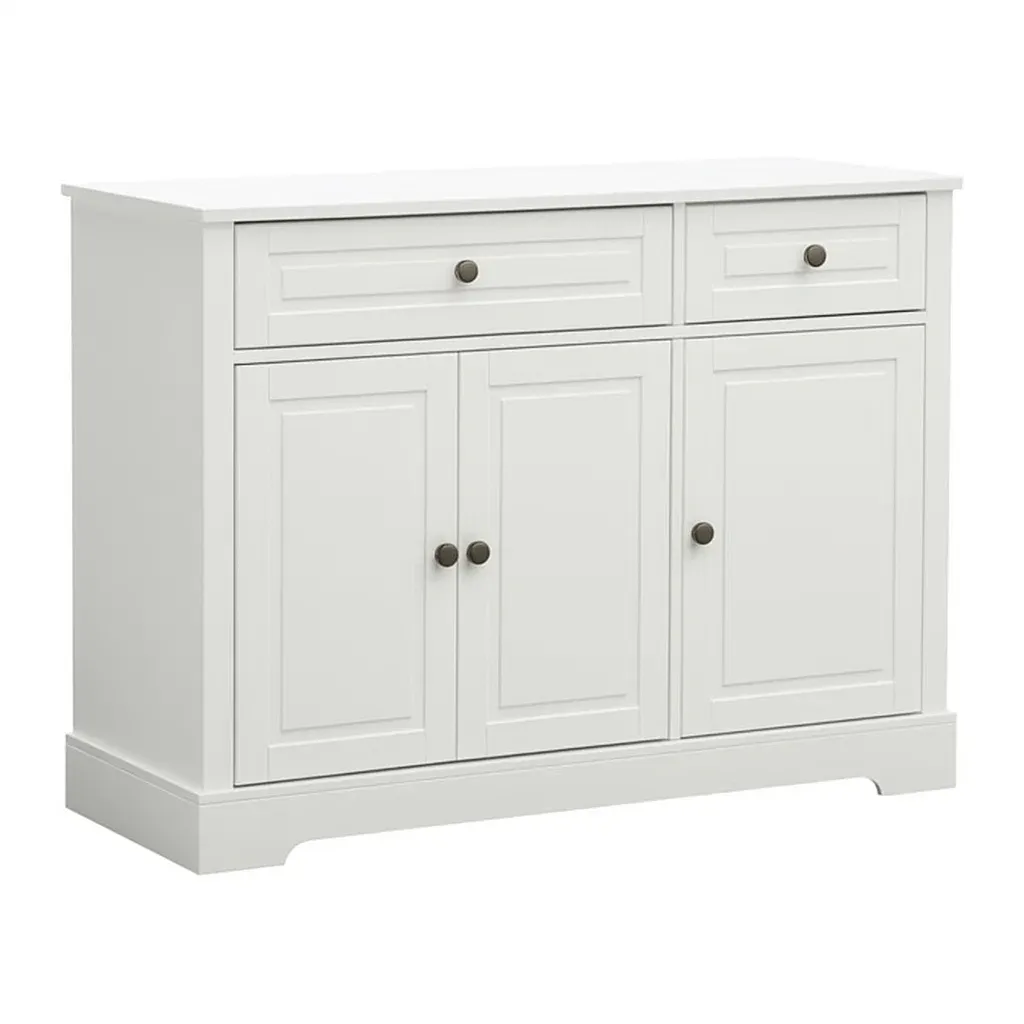 Buffet en bois blanc avec 3 portes et 2 tiroirs-furneasenow
