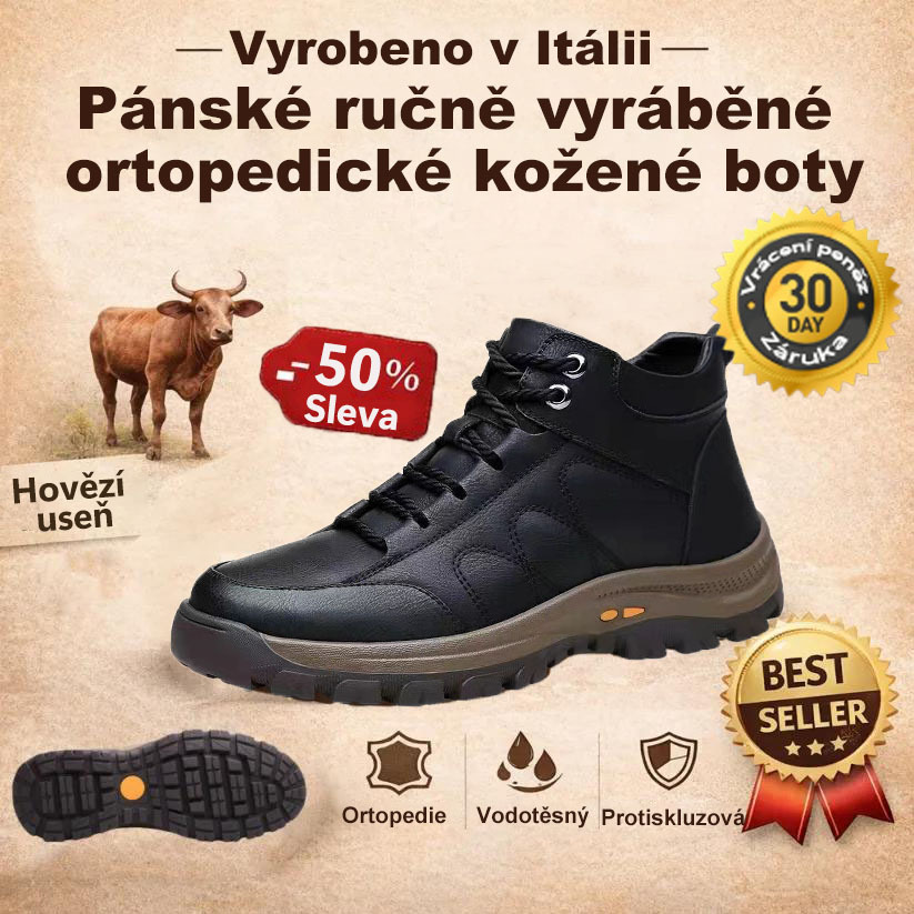 🐂 Pánské ručně šité kožené boty z telecí kůže 👞 K dispozici ve všech velikostech, snadno se nazouvají a zouvají ✅ Teplé, pohodlné, nepromokavé a protiskluzové