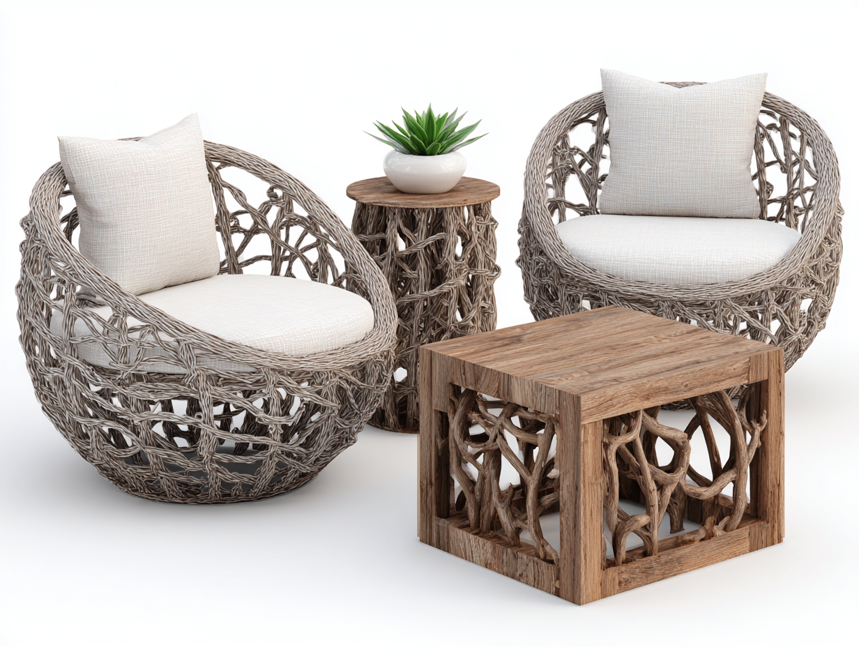 Divano da esterno in rattan naturale con tavolino 2 posti 78x72x72 cm - Grigio-Legno naturale-Bianco - Stile naturale per giardino e terrazza-Havengetbay