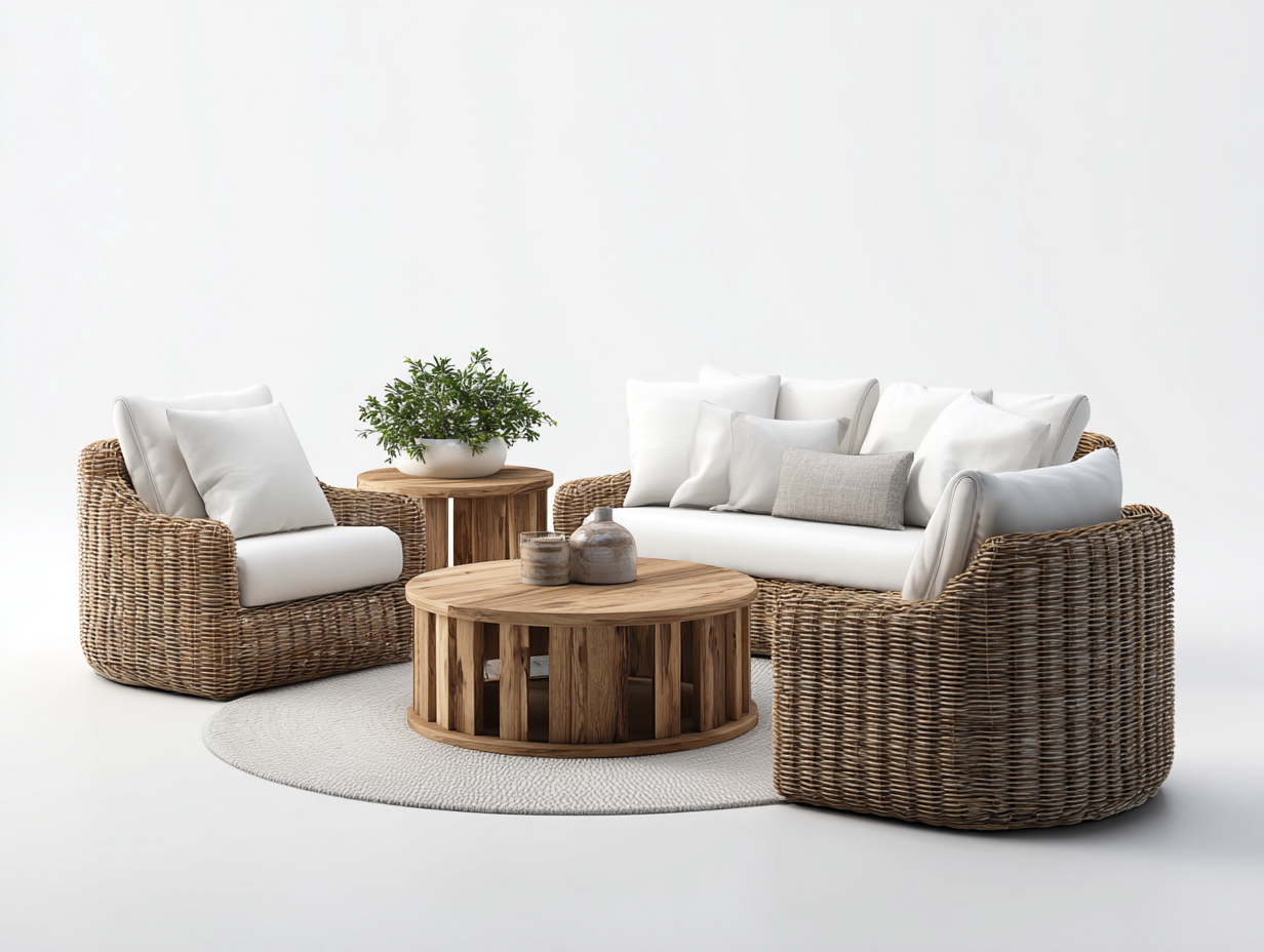 Divano da esterno in rattan con tavolino set 4 posti 180x85x78 cm - 2 poltrone 85x85x78 cm - tavolino 70x70x40 cm - stile naturale-Havengetbay