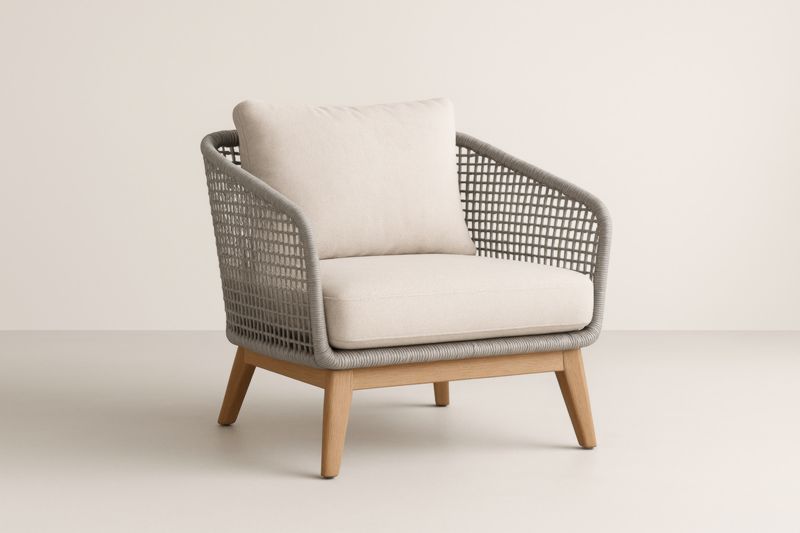 Pour jardin fauteuil de club en corde polyester gris avec coussin beige