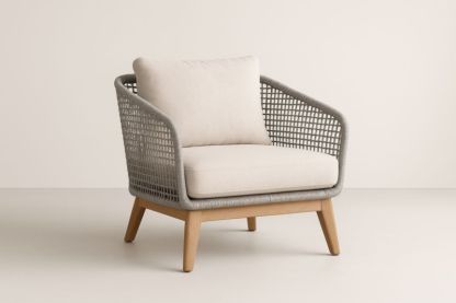 Pour jardin fauteuil de club en corde polyester gris avec coussin beige