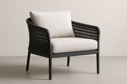 Pour jardin fauteuil de club en acier et polyéthylène noir avec coussins beige