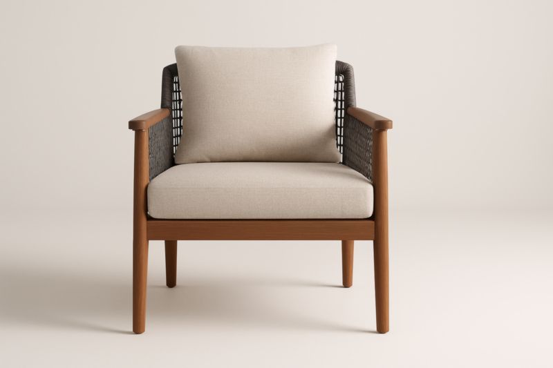 Pour jardin fauteuil de club en bois d'acacia avec accoudoirs en corde et coussins en tissu polyester beige