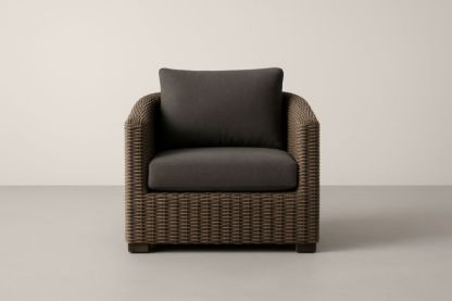 Pour jardin fauteuil de club d'extérieur en résine tressée marron avec coussins gris
