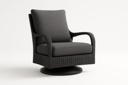 Pour jardin fauteuil de club pivotant en résine tressée noir avec coussins en polyester gris