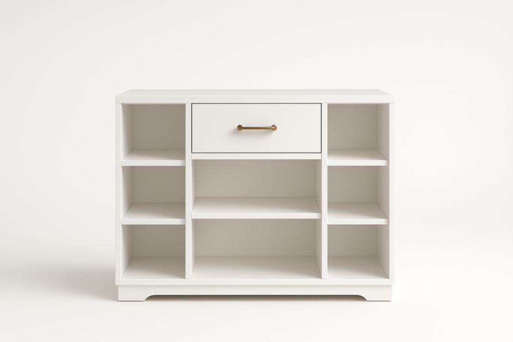 Credenza in Legno Composito Bianco con Ripiani e Cassetto