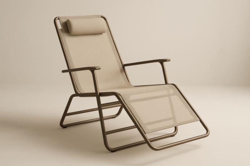 Chaise longue en acier et textilène beige avec repose-tête