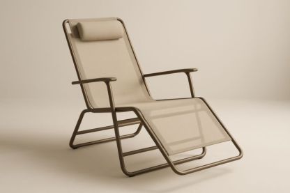 Chaise longue en acier et textilène beige avec repose-tête