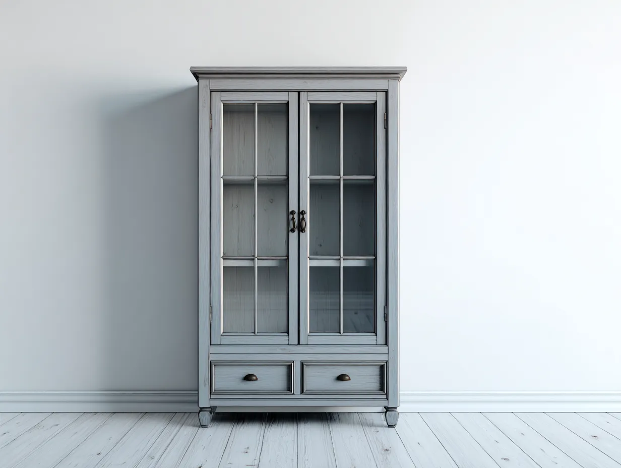 Vitrine - Bois-Verre - 78x40x170 cm - Gris patiné - Style vintage-Sofagethome