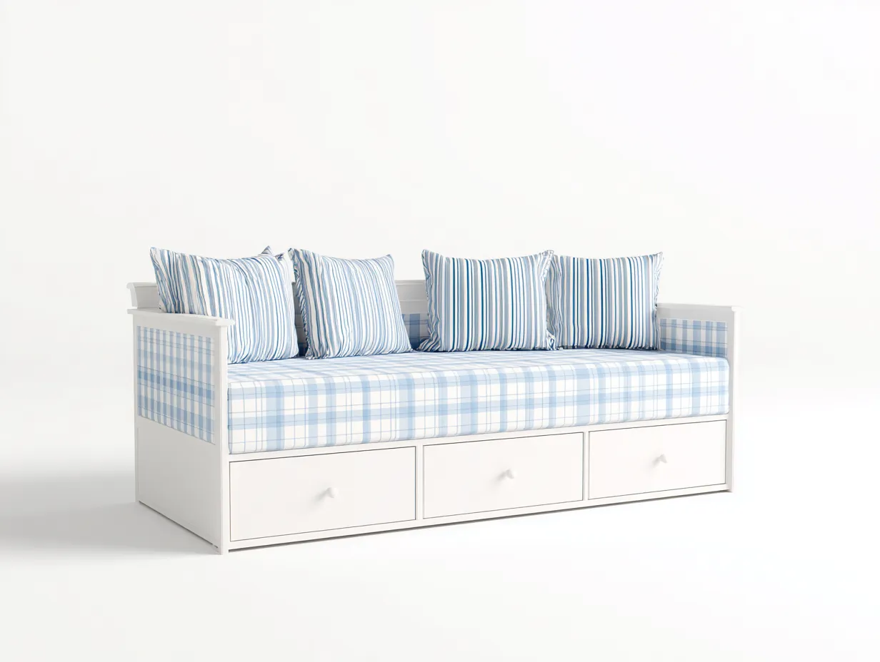 Canapé lit-bois-textile-200x90x65 cm-Blanc-Bleu-style classique fonctionnel-Craftgonest