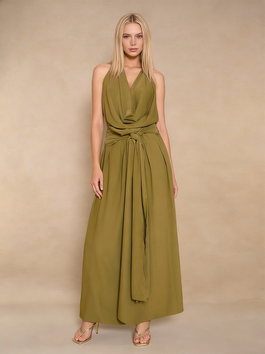 Elegant Halter Neck Cowl Tie Waist Chiffon Maxi Evening Gown for Party