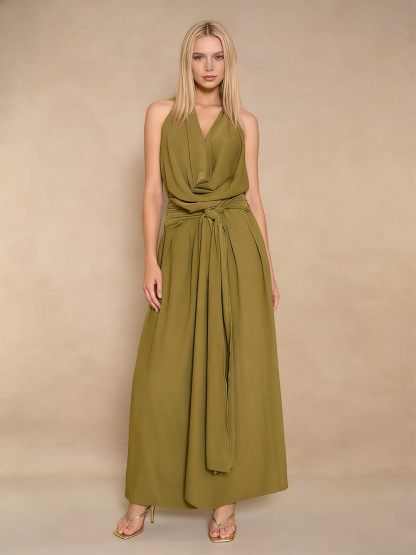 Elegant Halter Neck Cowl Tie Waist Chiffon Maxi Evening Gown for Party