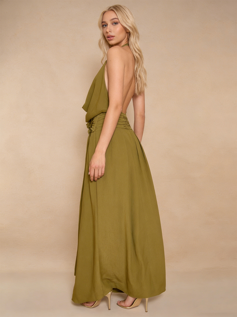 Elegant Halter Neck Cowl Tie Waist Chiffon Maxi Evening Gown for Party