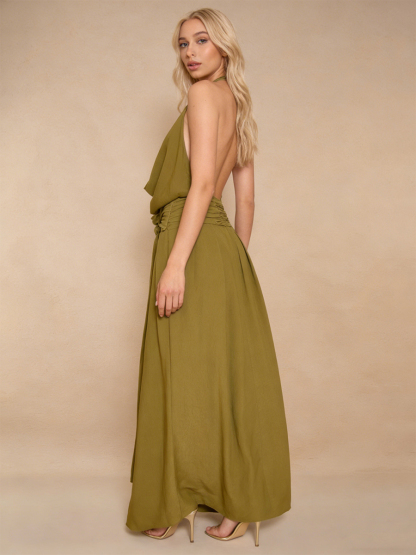 Elegant Halter Neck Cowl Tie Waist Chiffon Maxi Evening Gown for Party