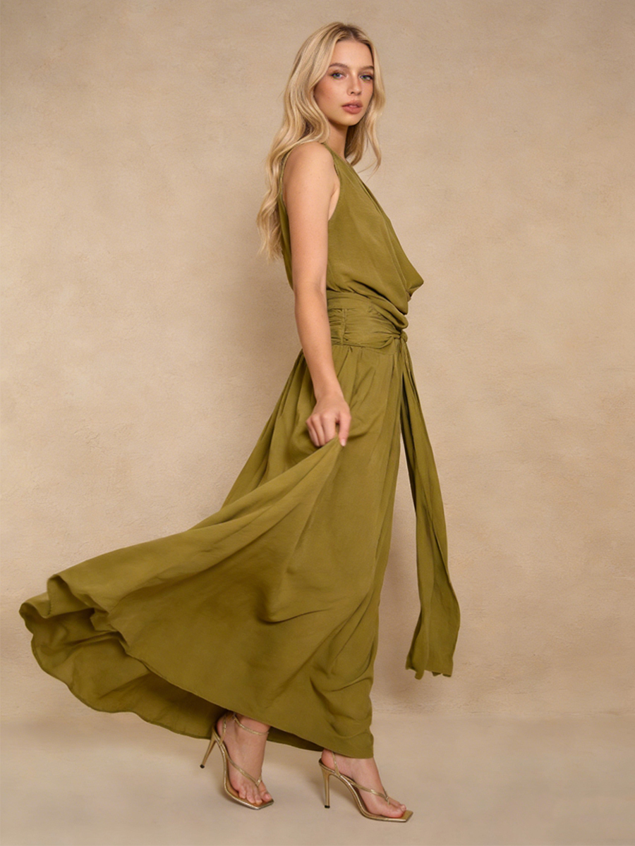 Elegant Halter Neck Cowl Tie Waist Chiffon Maxi Evening Gown for Party