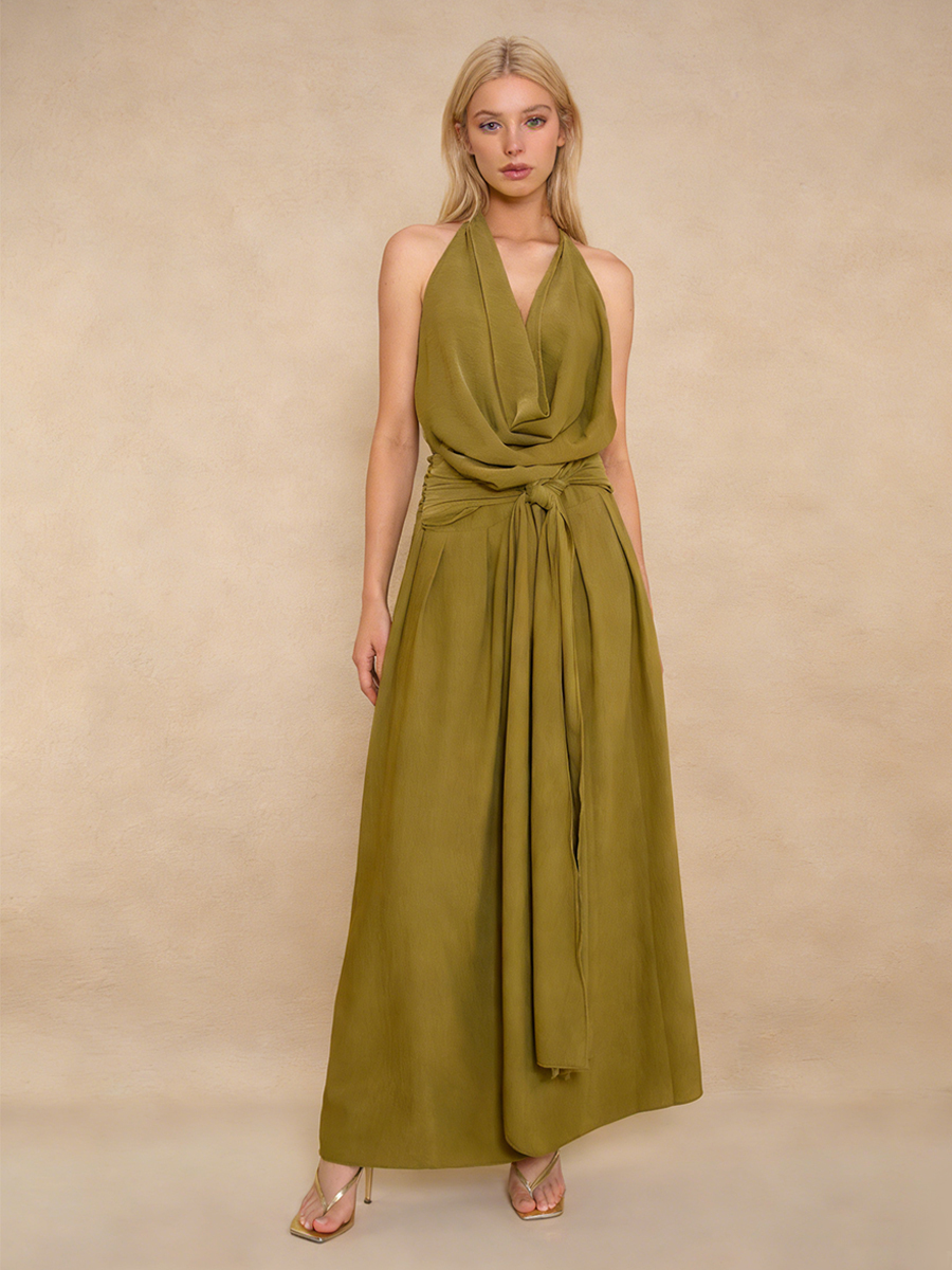 Elegant Halter Neck Cowl Tie Waist Chiffon Maxi Evening Gown for Party