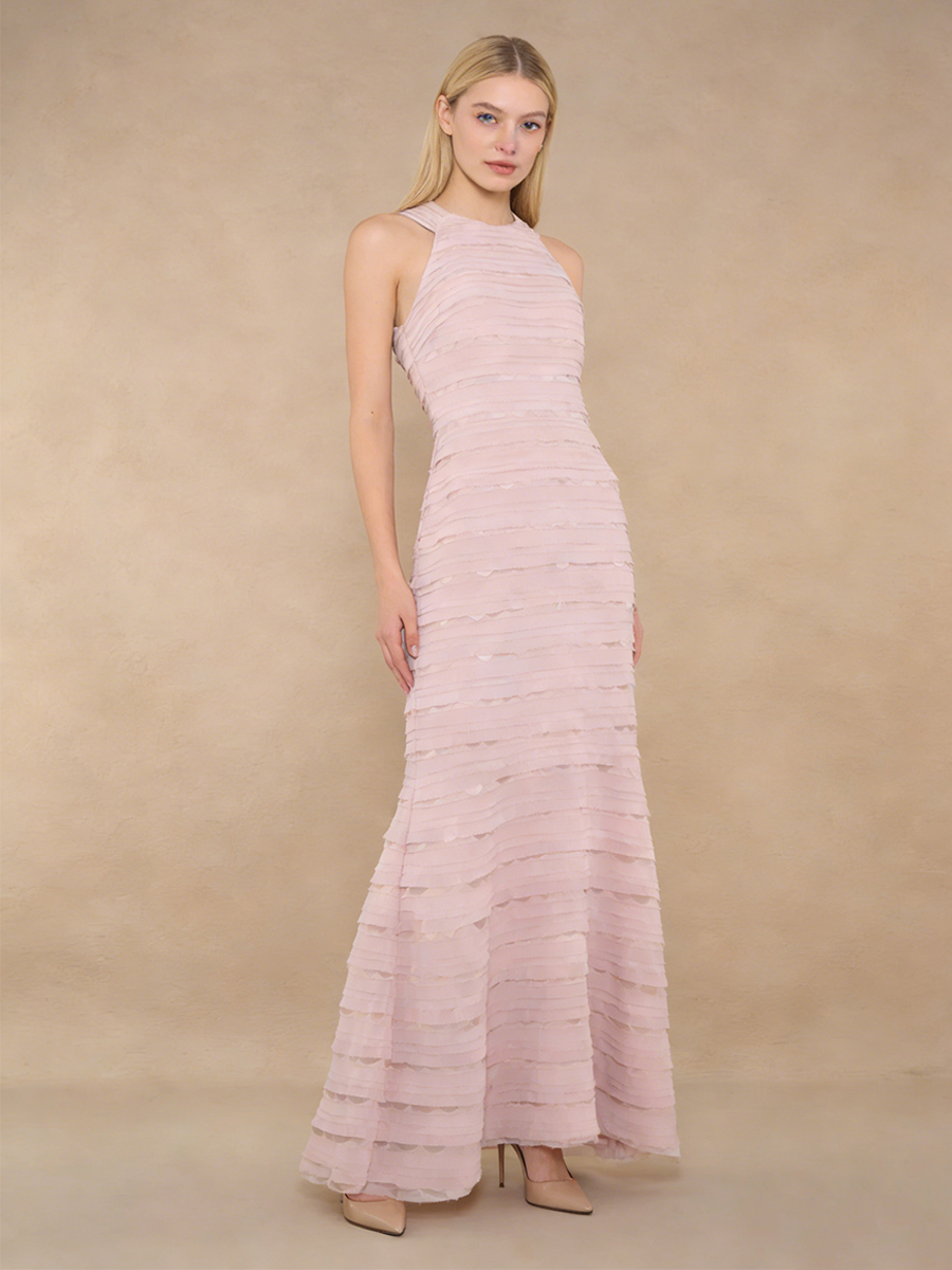 Elegant Halter Neck Layered Ruffle Mermaid Maxi Evening Gown