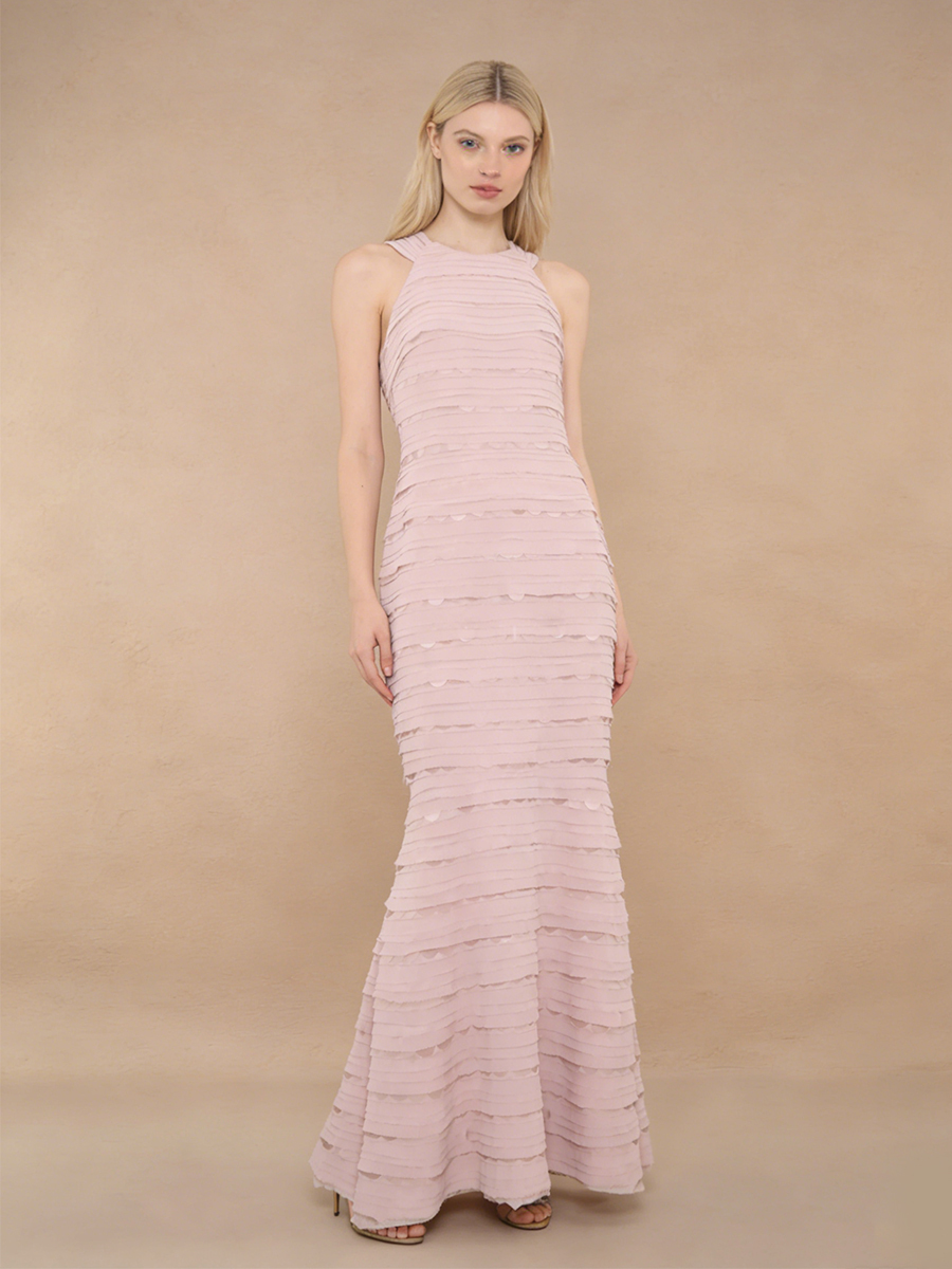 Elegant Halter Neck Layered Ruffle Mermaid Maxi Evening Gown