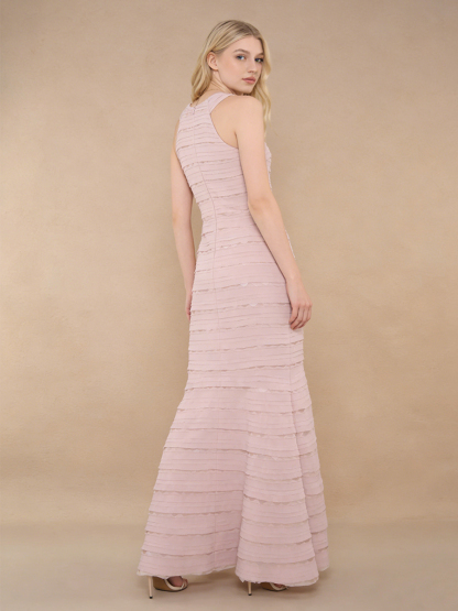 Elegant Halter Neck Layered Ruffle Mermaid Maxi Evening Gown