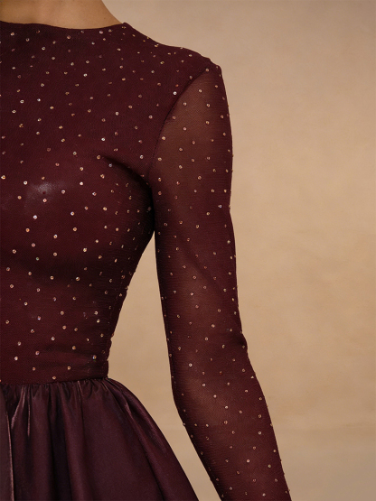 Sexy Long Sleeve Beaded Mesh Satin Fit-and-Flare Mini Evening Dress for Party