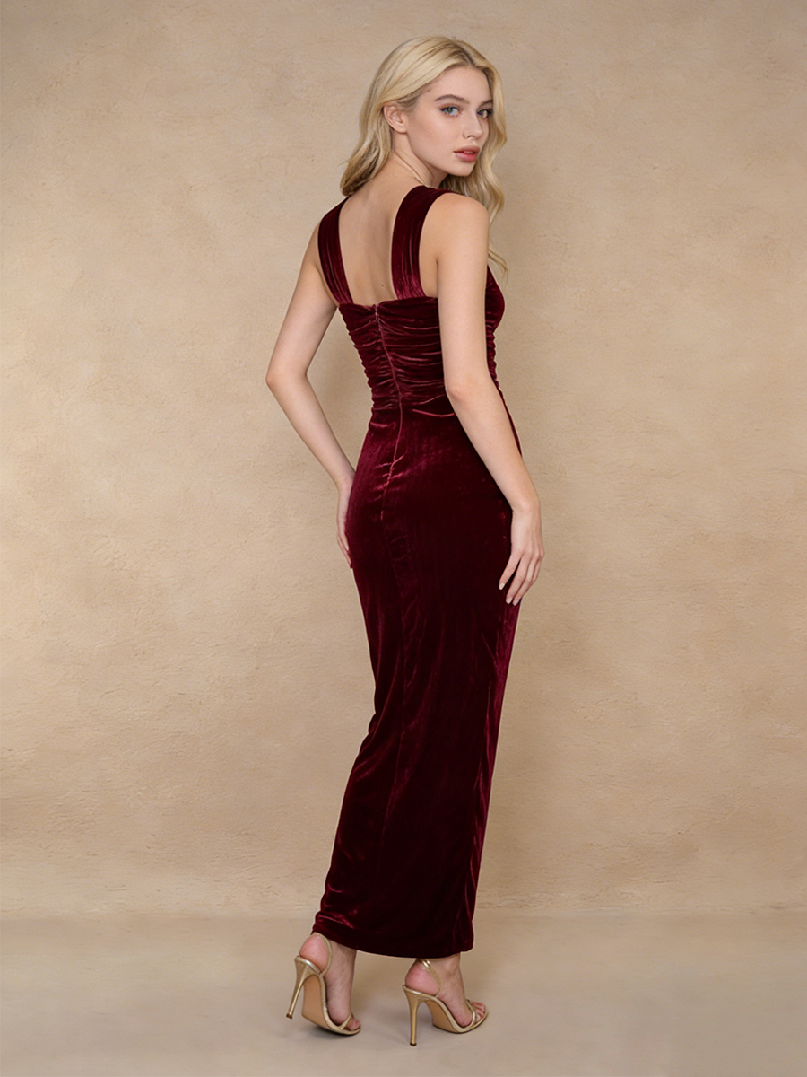 Sexy Halter Neck Ruched Velvet Midi Evening Party Dress