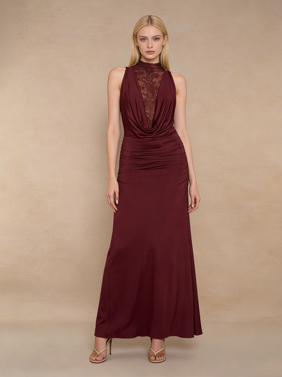 Sexy Halter Neck Lace Ruched Maxi Evening Gown for Party