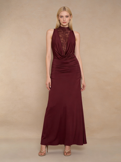 Sexy Halter Neck Lace Ruched Maxi Evening Gown for Party