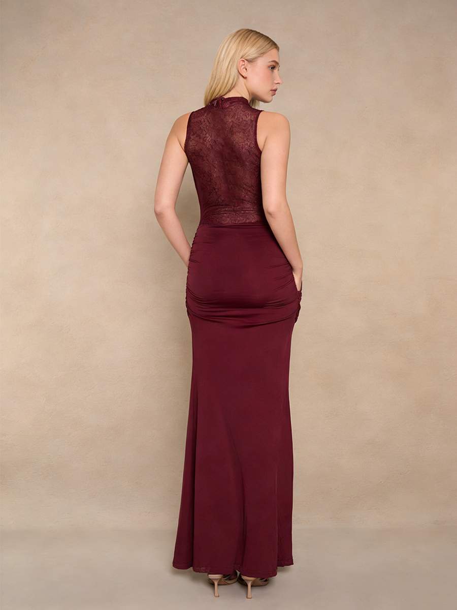 Sexy Halter Neck Lace Ruched Maxi Evening Gown for Party