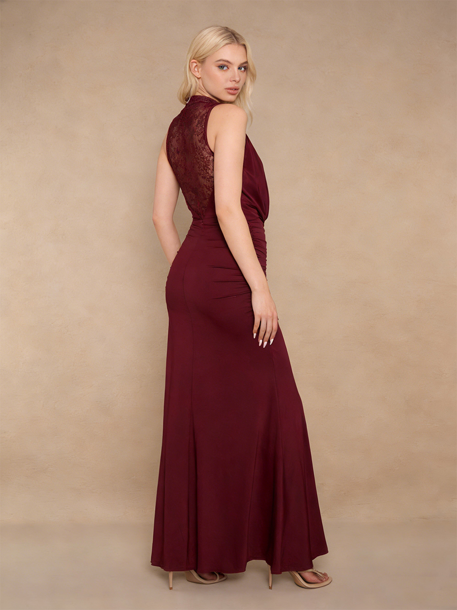 Sexy Halter Neck Lace Ruched Maxi Evening Gown for Party