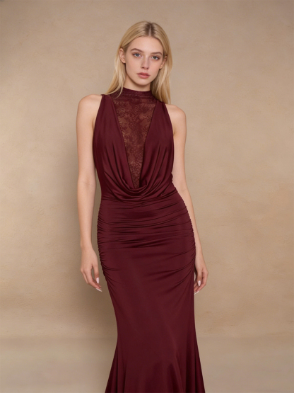 Sexy Halter Neck Lace Ruched Maxi Evening Gown for Party