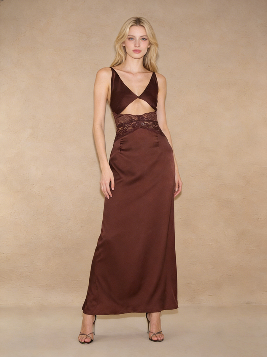 Sexy Satin Lace Cutout Maxi Satin Evening Party Gown