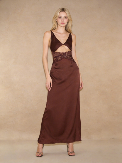 Sexy Satin Lace Cutout Maxi Satin Evening Party Gown